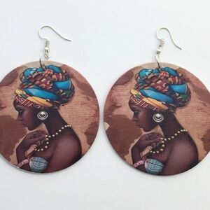 Earrings jewelry black art beautiful girl woman Africa wooden drop dangle new
